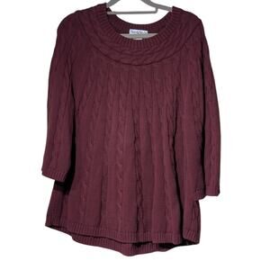 NorthStyle Burgundy Cable 100% Cotton 3/4 Bell Sleeve Sweater Women's Sz XL